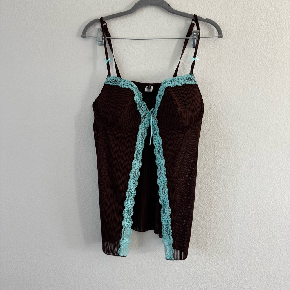 Rampage Y2K Women’s Brown and Turquoise Bow Lace Split Front Tank Top Size 1X